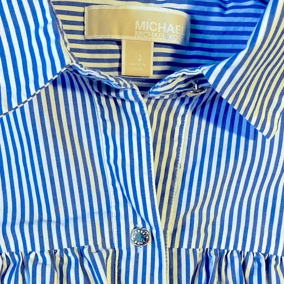 Michael Kors Blue and White Striped off Shoulder Gold Button Up Dress sz 12 - Picture 5 of 5